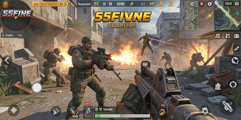 Tampilan gameplay 55FIVE yang penuh aksi dan seru.