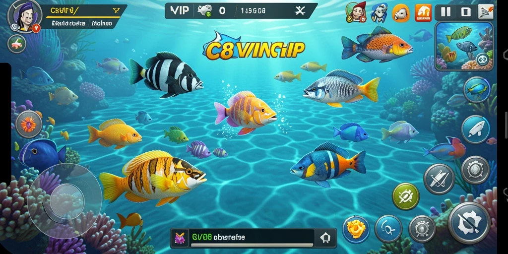 Tangkapan layar gameplay C8VIP dengan aksi tembak ikan yang seru.