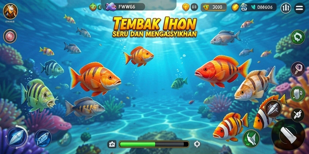 Tampilan gameplay FW66 dengan ikan-ikan berwarna-warni.