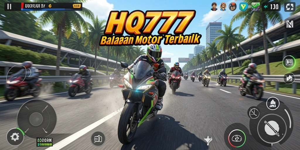 Screenshot utama dari HQ777 menampilkan aksi balap motor yang mendebarkan.