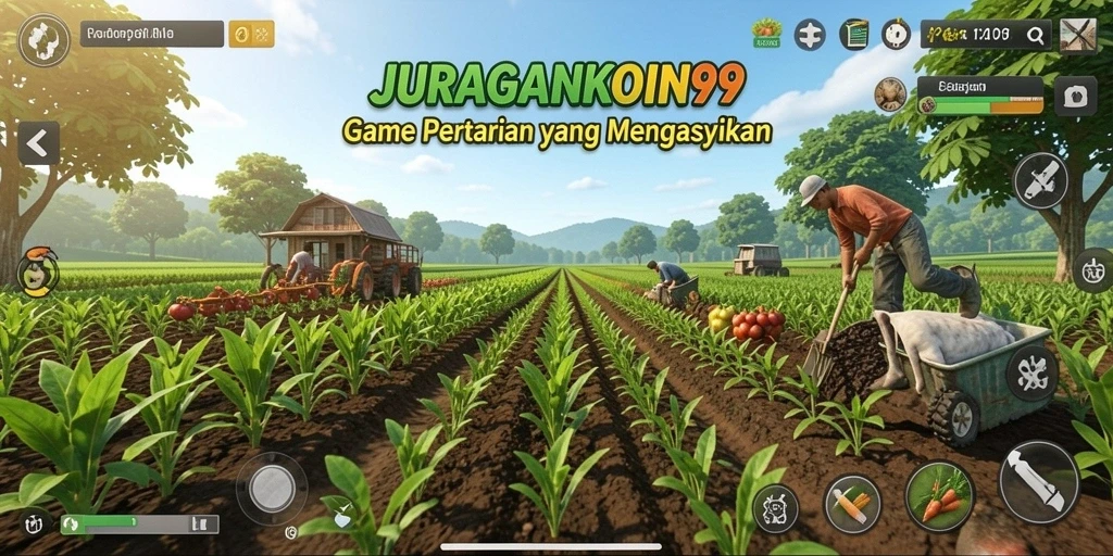 Screenshot utama JURAGANKOIN99 menampilkan aktivitas bertani yang seru.