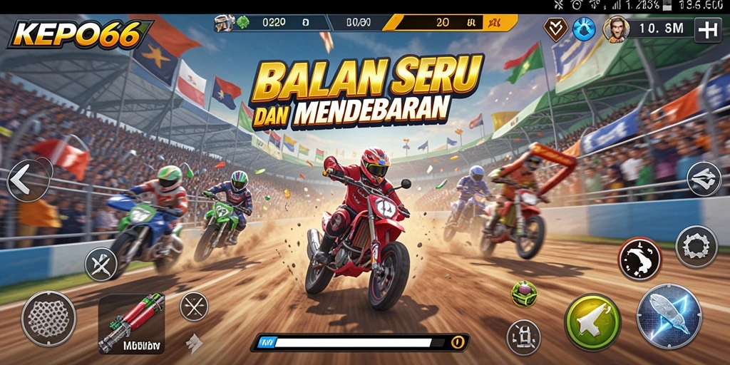 Screenshot utama KEPO66 menampilkan balapan seru dengan kendaraan yang melaju kencang.