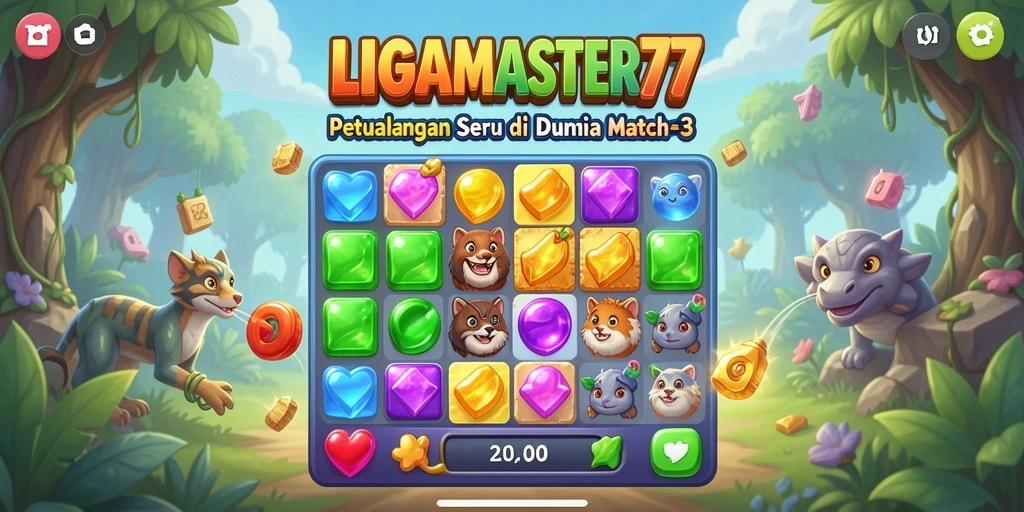 Tampilan gameplay menarik dari LIGAMASTER77 dengan kombinasi item Match-3.