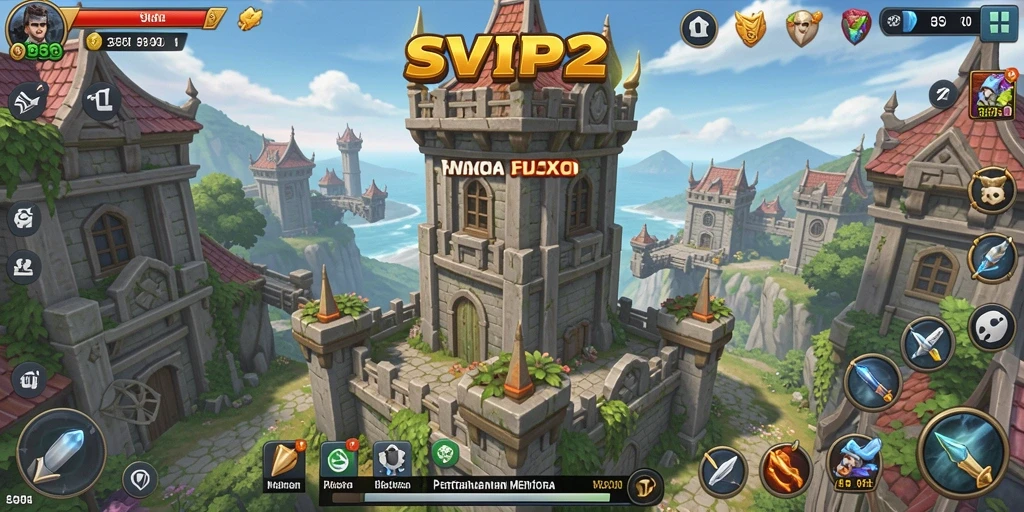 Screenshot gameplay SVIP2 menampilkan menara bertahan yang sedang beraksi.